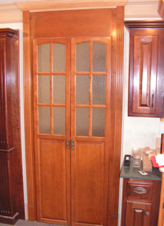 Birch Pantry Door Display with 'Rain-Glass' and Fluted Trim