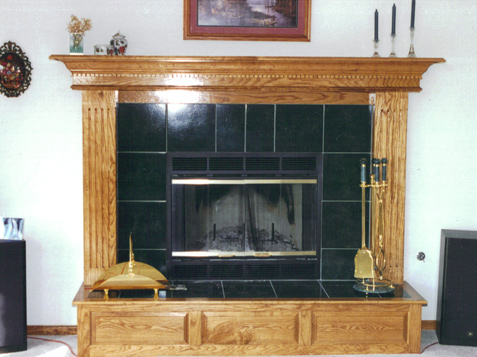 Oak Mantle with Raised Panel Hearth, Fluted Columns, and Box-Style Mantle