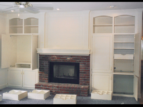 Fireplace with Entertainment Wall Set, built-in's with Pull-out Trays for DVD's, Adjustable Shelves